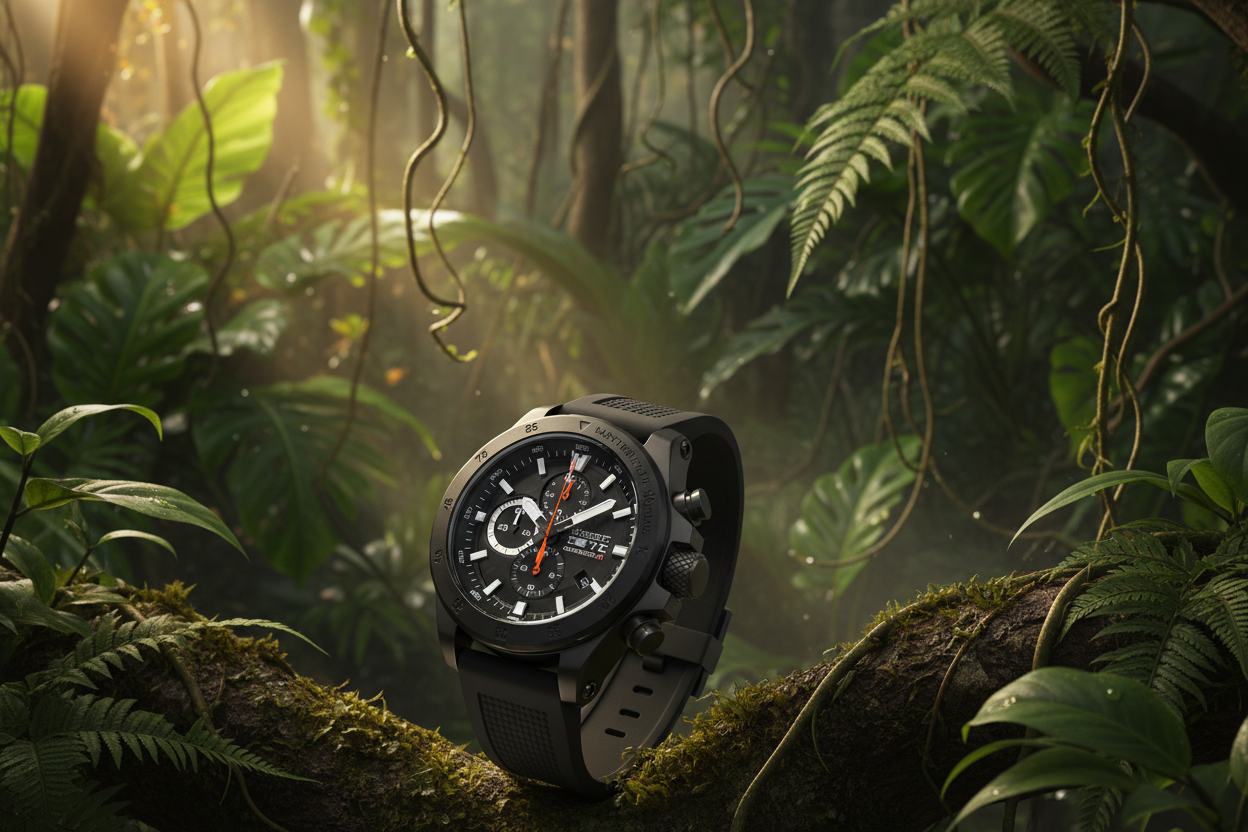 quality sports watch with a jungle bakcground